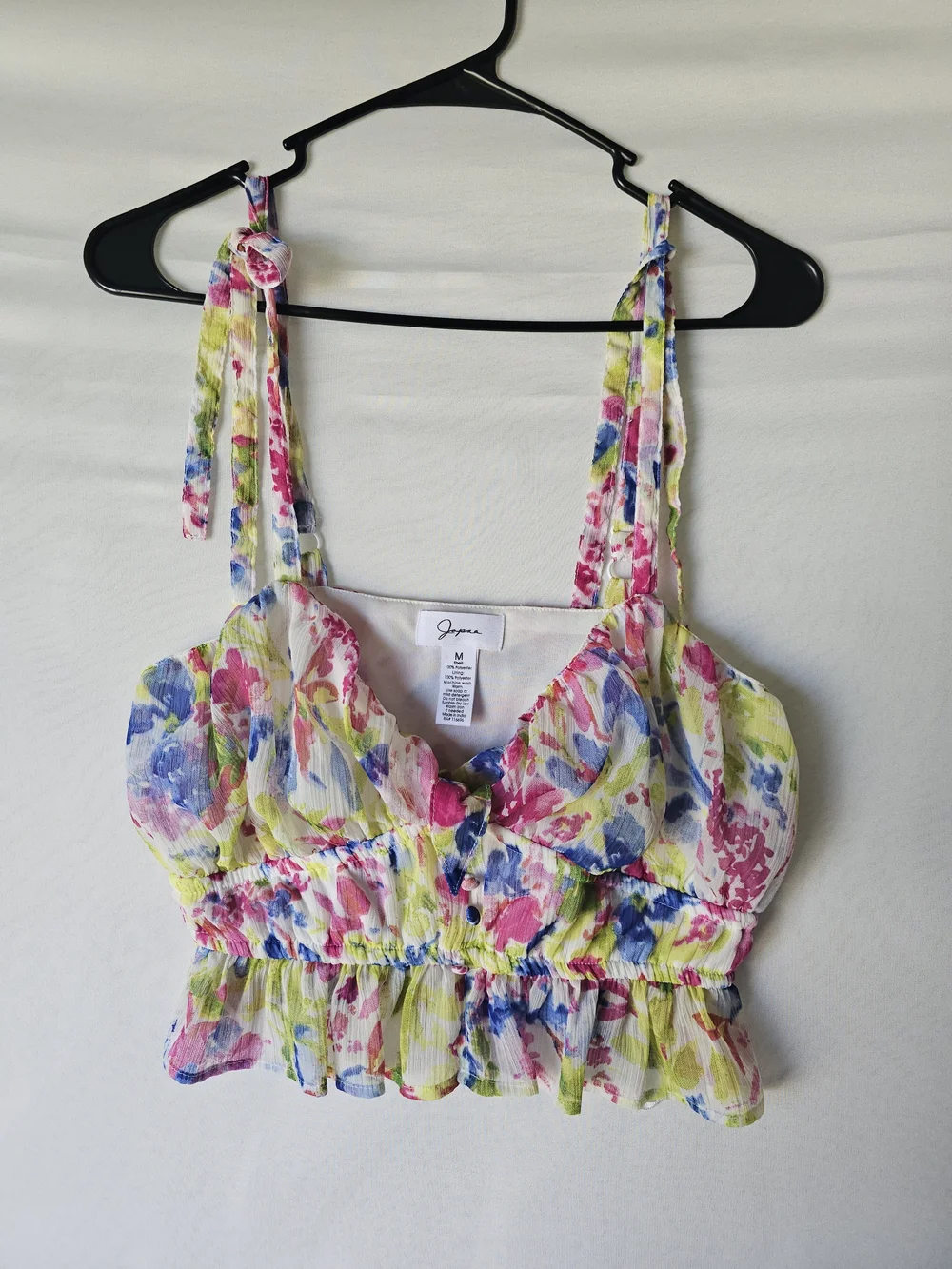 Japna Floral Watercolor Crop Top - Tie Shoulder & Ruffle Hem - Size M